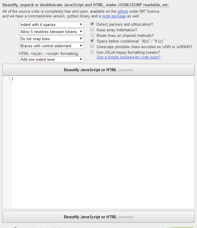 Online JavaScript beautifier Screencapture